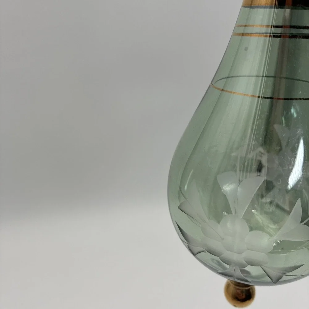 Vintage Egyptian Hand Blown Glass Ornament Green Etched Floral Gold Trim 9.75